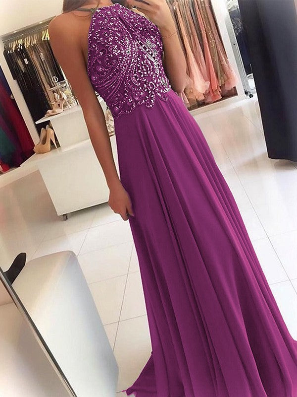 A-Line Chiffon Halter Sleeveless Floor-Length Train With Beading Prom Dress
