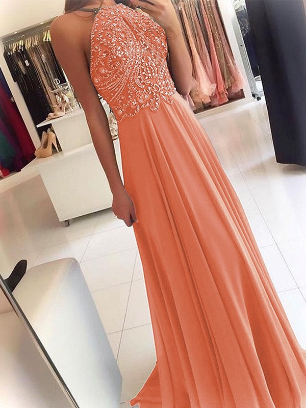 A-Line Chiffon Halter Sleeveless Floor-Length Train With Beading Prom Dress
