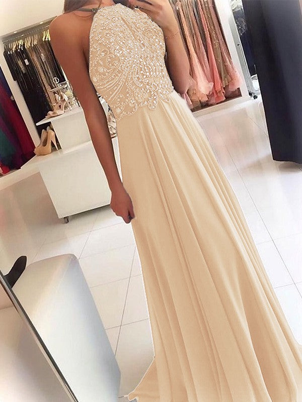 A-Line Chiffon Halter Sleeveless Floor-Length Train With Beading Prom Dress