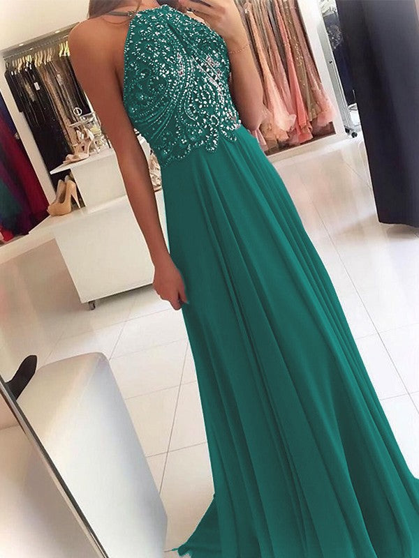 A-Line Chiffon Halter Sleeveless Floor-Length Train With Beading Prom Dress