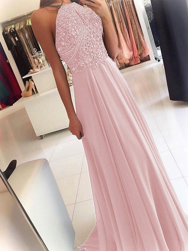 A-Line Chiffon Halter Sleeveless Floor-Length Train With Beading Prom Dress