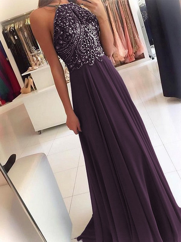 A-Line Chiffon Halter Sleeveless Floor-Length Train With Beading Prom Dress