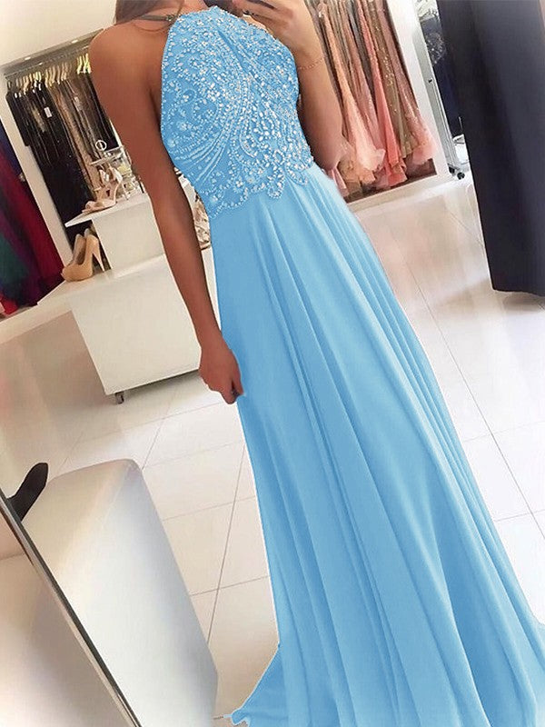 A-Line Chiffon Halter Sleeveless Floor-Length Train With Beading Prom Dress