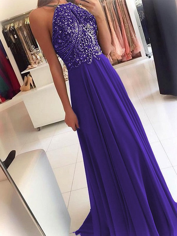 A-Line Chiffon Halter Sleeveless Floor-Length Train With Beading Prom Dress