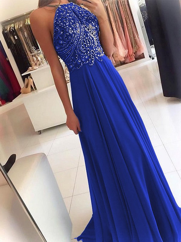 A-Line Chiffon Halter Sleeveless Floor-Length Train With Beading Prom Dress