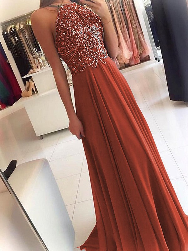 A-Line Chiffon Halter Sleeveless Floor-Length Train With Beading Prom Dress