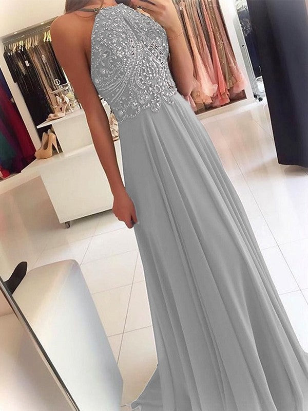 A-Line Chiffon Halter Sleeveless Floor-Length Train With Beading Prom Dress