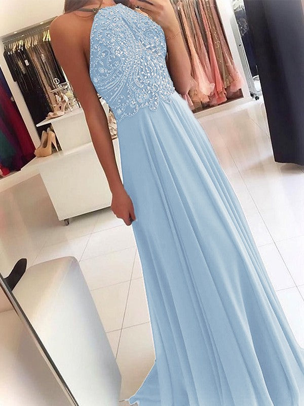 A-Line Chiffon Halter Sleeveless Floor-Length Train With Beading Prom Dress