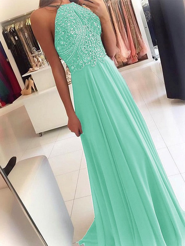 A-Line Chiffon Halter Sleeveless Floor-Length Train With Beading Prom Dress