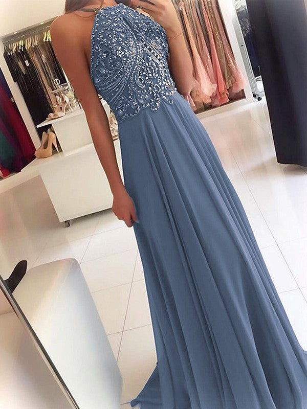 A-Line Chiffon Halter Sleeveless Floor-Length Train With Beading Prom Dress