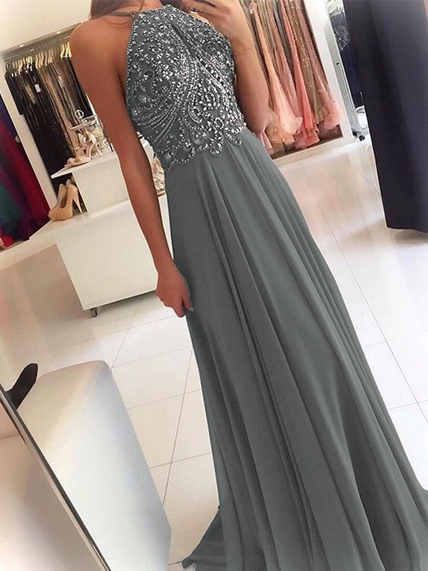 A-Line Chiffon Halter Sleeveless Floor-Length Train With Beading Prom Dress