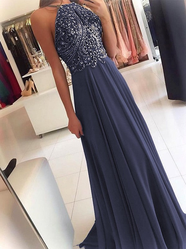 A-Line Chiffon Halter Sleeveless Floor-Length Train With Beading Prom Dress