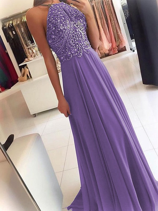 A-Line Chiffon Halter Sleeveless Floor-Length Train With Beading Prom Dress