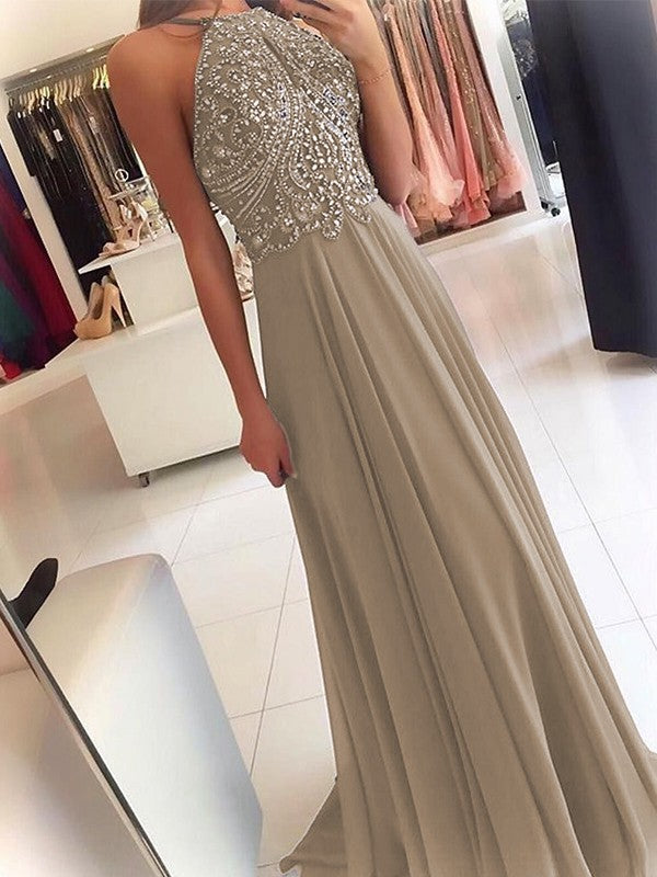 A-Line Chiffon Halter Sleeveless Floor-Length Train With Beading Prom Dress