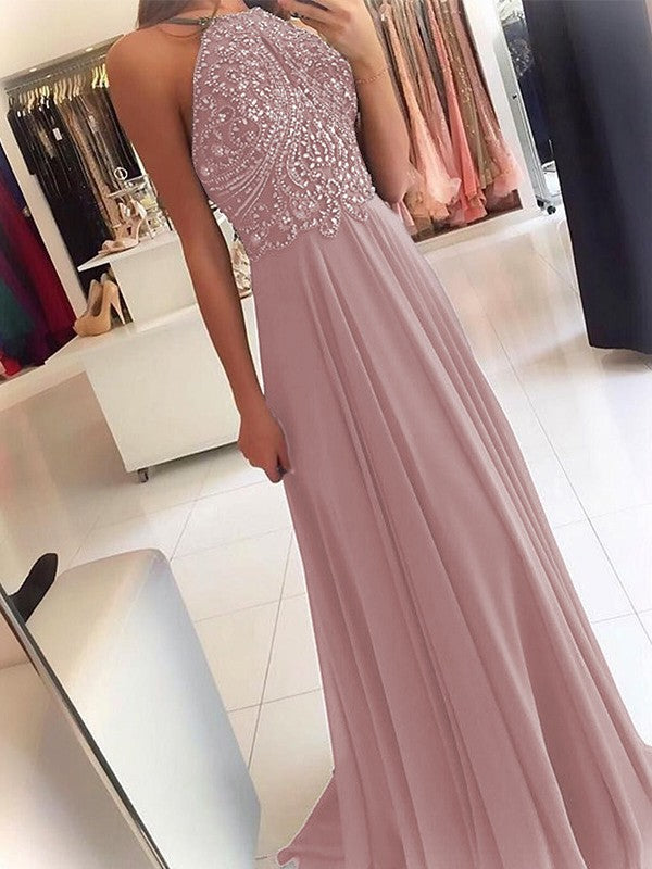 A-Line Chiffon Halter Sleeveless Floor-Length Train With Beading Prom Dress