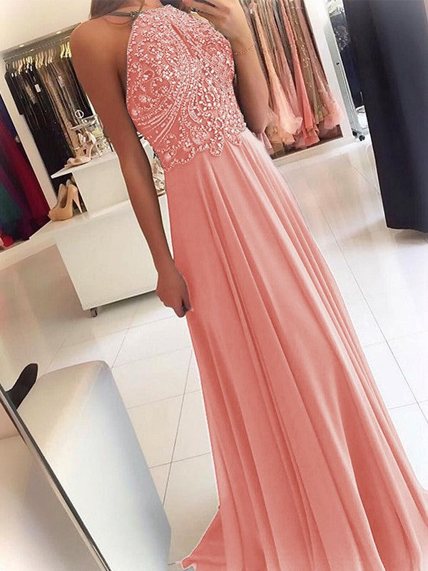 A-Line Chiffon Halter Sleeveless Floor-Length Train With Beading Prom Dress