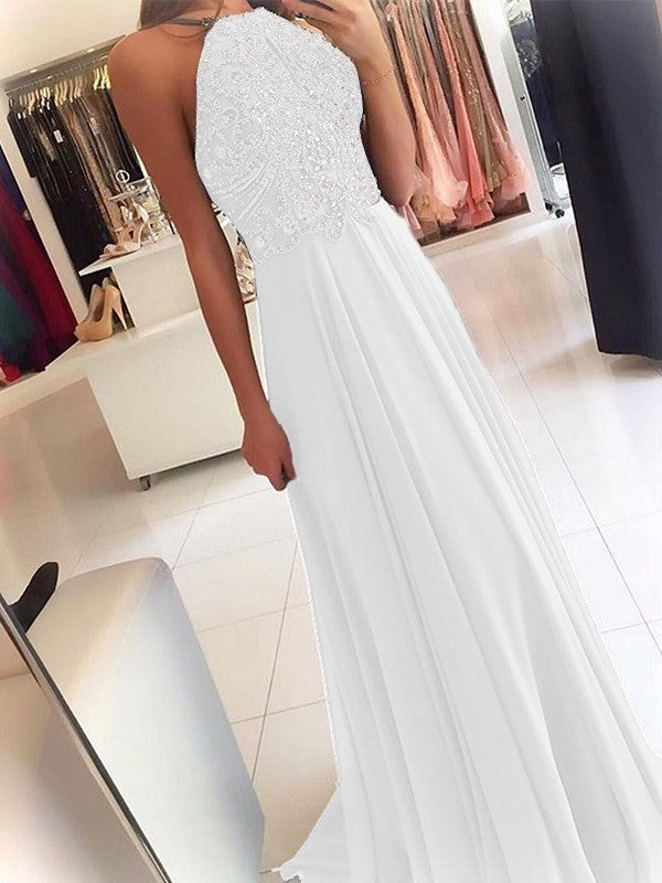 A-Line Chiffon Halter Sleeveless Floor-Length Train With Beading Prom Dress