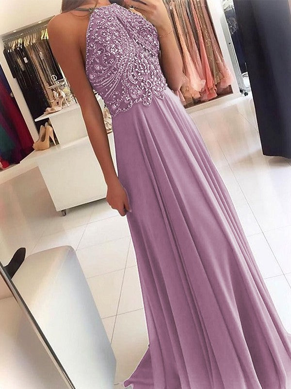 A-Line Chiffon Halter Sleeveless Floor-Length Train With Beading Prom Dress