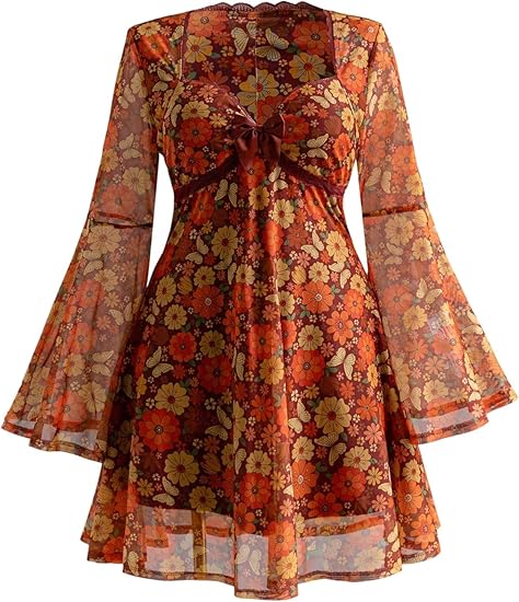 Women's Plus Size Vintage Boho Mini Dress with Long Bell Sleeves and V Neck