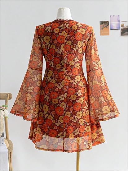 Women's Plus Size Vintage Boho Mini Dress with Long Bell Sleeves and V Neck