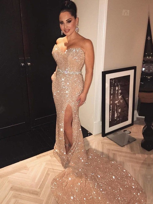 Sheath Sleeveless Sweetheart Sweep/Brush Train With Beading Sequins Prom Dress