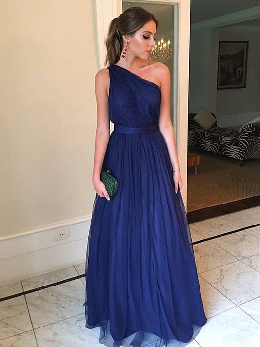 A-Line Sleeveless One-Shoulder Floor-Length With Ruffles Tulle Prom Dress