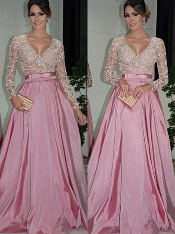 A-Line Long Sleeves V-neck Floor-Length Lace Taffeta Prom Dress