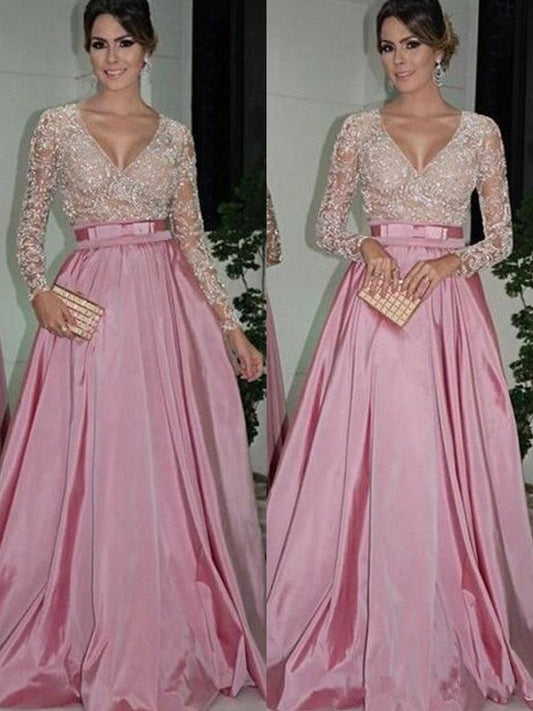 A-Line Long Sleeves V-neck Floor-Length Lace Taffeta Prom Dress