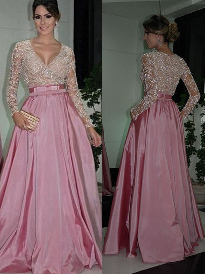 A-Line Long Sleeves V-neck Floor-Length Lace Taffeta Prom Dress