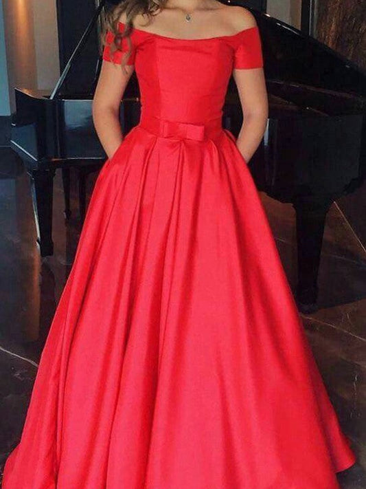 A-Line Sleeveless Off-the-Shoulder Floor-Length With Ruffles Satin Prom Dress