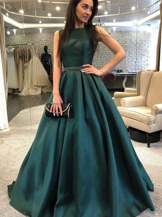 A-Line Sleeveless Bateau Sweep/Brush Train With Beading Satin Prom Dress