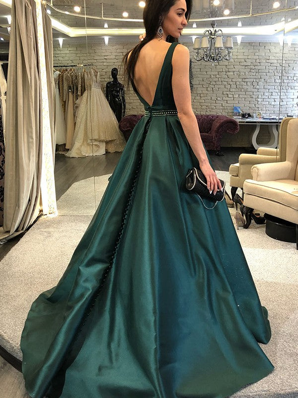 A-Line Sleeveless Bateau Sweep/Brush Train With Beading Satin Prom Dress