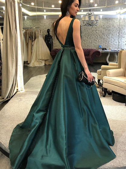 A-Line Sleeveless Bateau Sweep/Brush Train With Beading Satin Prom Dress