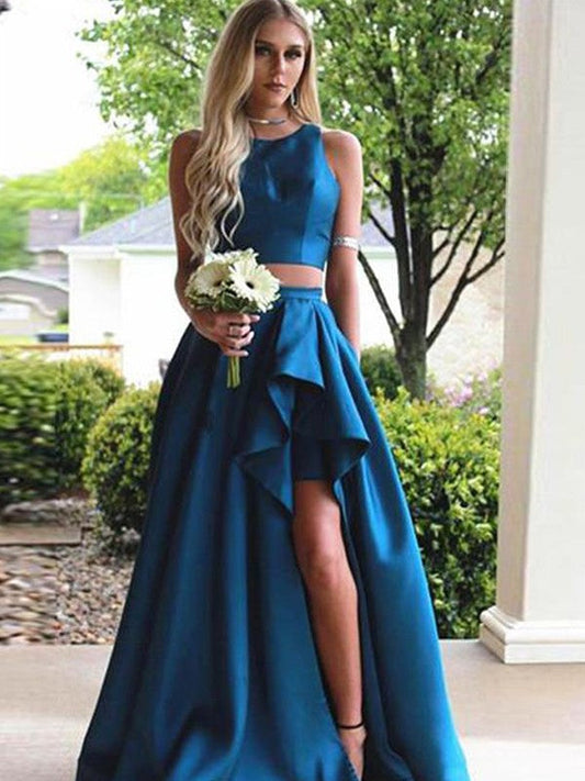 A-Line Sleeveless Scoop Sweep/Brush Train With Ruffles Satin Two Piece Prom Dress