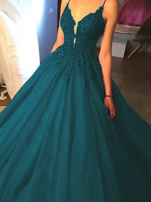 Ball Gown Sleeveless Spaghetti Straps Sweep/Brush Train With Applique Tulle Prom Dress