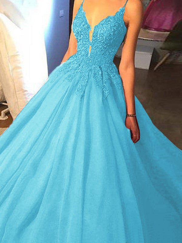 Ball Gown Sleeveless Spaghetti Straps Sweep/Brush Train With Applique Tulle Prom Dress