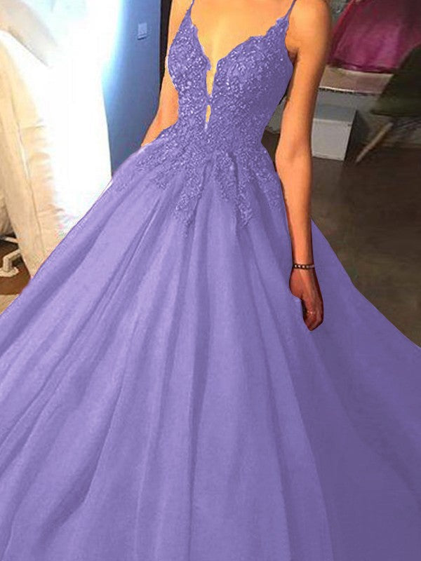 Ball Gown Sleeveless Spaghetti Straps Sweep/Brush Train With Applique Tulle Prom Dress