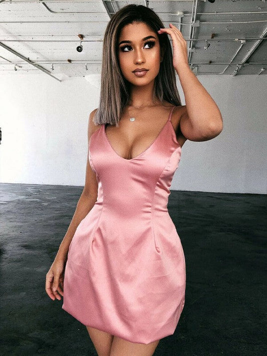 A-Line/Princess Silk like Satin Ruched V-neck Sleeveless Short/Mini Homecoming Dress