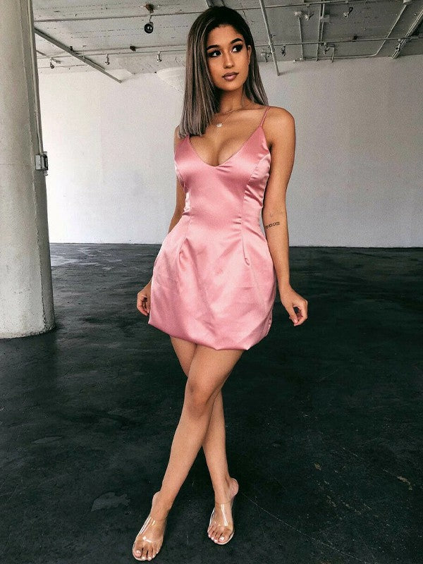 A-Line/Princess Silk like Satin Ruched V-neck Sleeveless Short/Mini Homecoming Dress