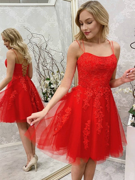 A-Line/Princess Tulle Applique Spaghetti Straps Sleeveless Short/Mini Prom Dress