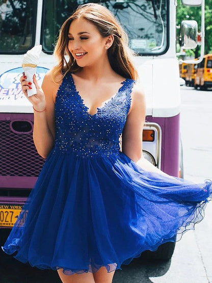 A-Line/Princess Tulle Applique V-neck Sleeveless Short/Mini Prom Dress