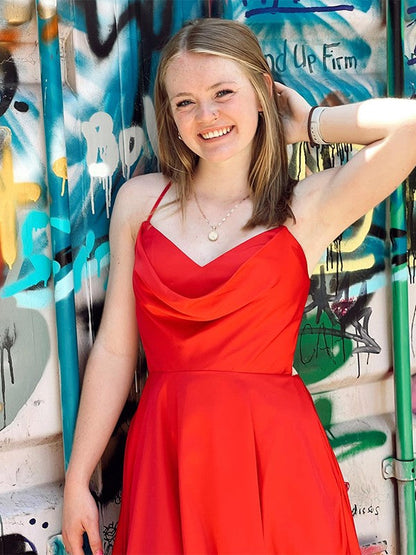 A-Line/Princess Satin Chiffon Ruched Spaghetti Straps Sleeveless Short/Mini Homecoming Dress