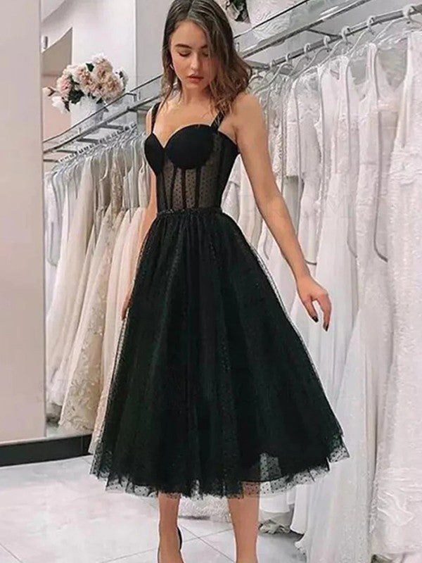 A-Line/Princess Lace Ruffles Straps Sleeveless Tea-Length Prom Dress