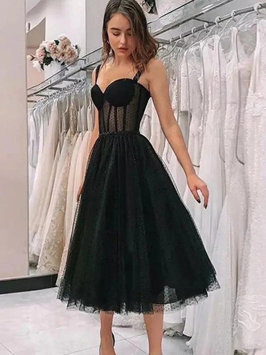 A-Line/Princess Lace Ruffles Straps Sleeveless Tea-Length Prom Dress