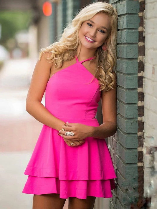 A-Line/Princess Stretch Crepe Layers Halter Sleeveless Short/Mini Hot Pink Prom Dress