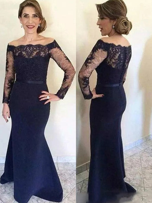Trumpet/Mermaid Stretch Crepe Lace Off-the-Shoulder Long Sleeves Floor-Length Mother of the Bride Dress