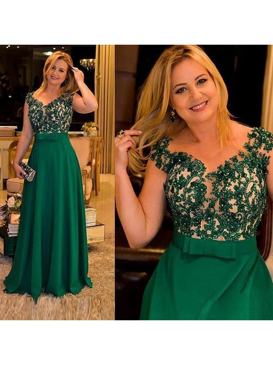 A-Line/Princess Satin Applique V-neck Sleeveless Floor-Length Mother of the Bride Dress
