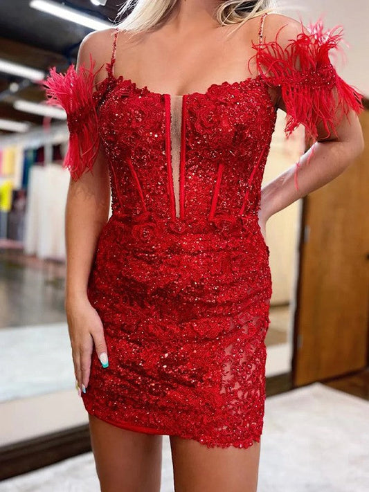 Sheath/Column Sequins Feathers/Fur Spaghetti Straps Sleeveless Short/Mini Corset Prom Dress