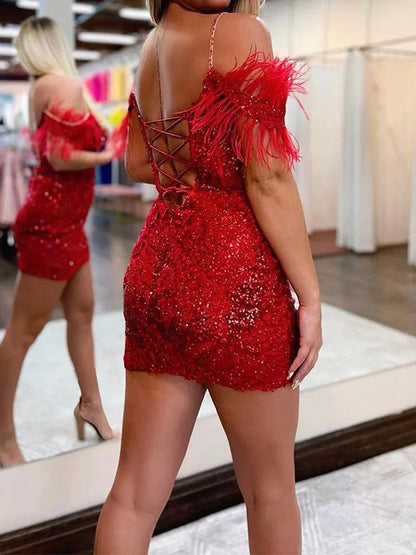Sheath/Column Sequins Feathers/Fur Spaghetti Straps Sleeveless Short/Mini Corset Prom Dress