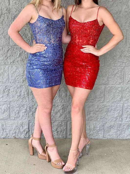 Sheath/Column Tulle Applique Spaghetti Straps Sleeveless Short/Mini Prom Dress